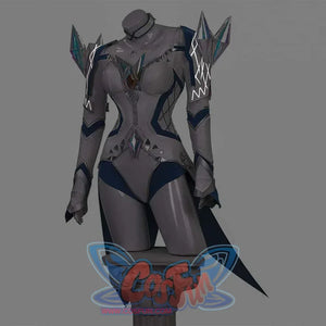 Front view of a 3D render for Emma Frost’s White Queen cosplay armor, showcasing the futuristic design with glowing accents and crystal shoulder pieces on a mannequin.