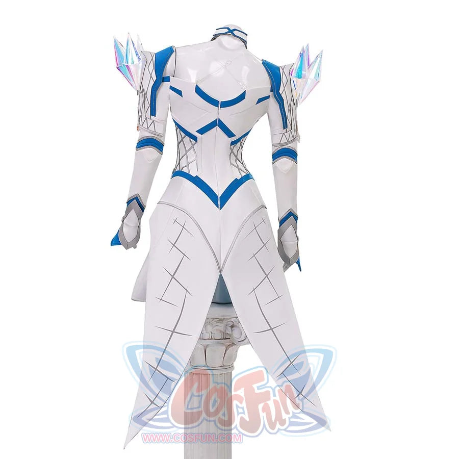Rear display of Emma Frost’s White Queen cosplay costume, showcasing the white bodysuit’s blue-accented back design and trailing panels.