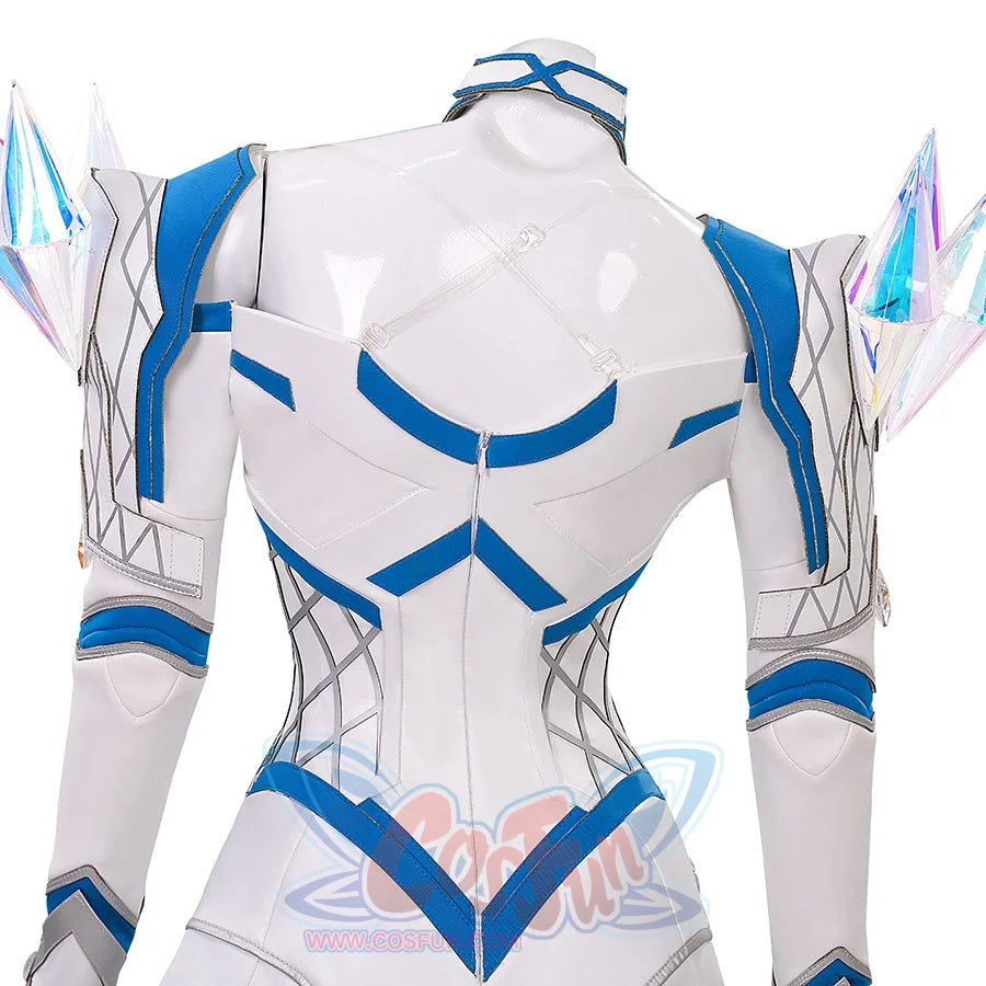 Close-up of the back design on Emma Frost’s White Queen cosplay costume, highlighting blue trim and structural details of the white bodysuit.