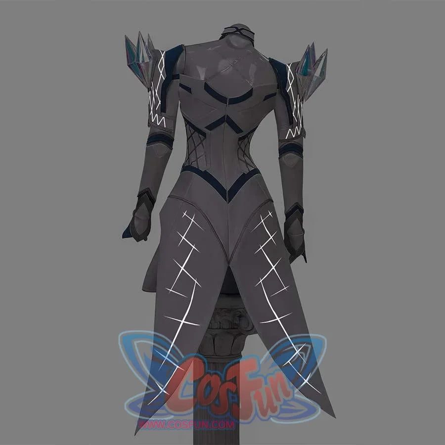 Rear view of the 3D render for White Queen cosplay armor, highlighting the back design with glowing patterns, blue trim, and crystal shoulder accents.