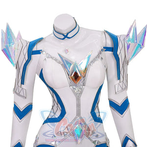 Close-up of the iridescent crystal chest armor on Emma Frost’s White Queen cosplay costume, emphasizing the central gem and surrounding accents.