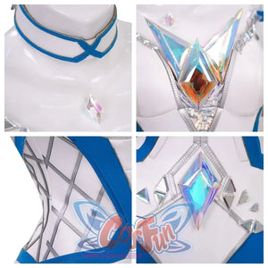 Four-panel close-up of Emma Frost’s White Queen cosplay, highlighting the choker, chest crystal, waist patterns, and gem accents, emphasizing the elaborate design.