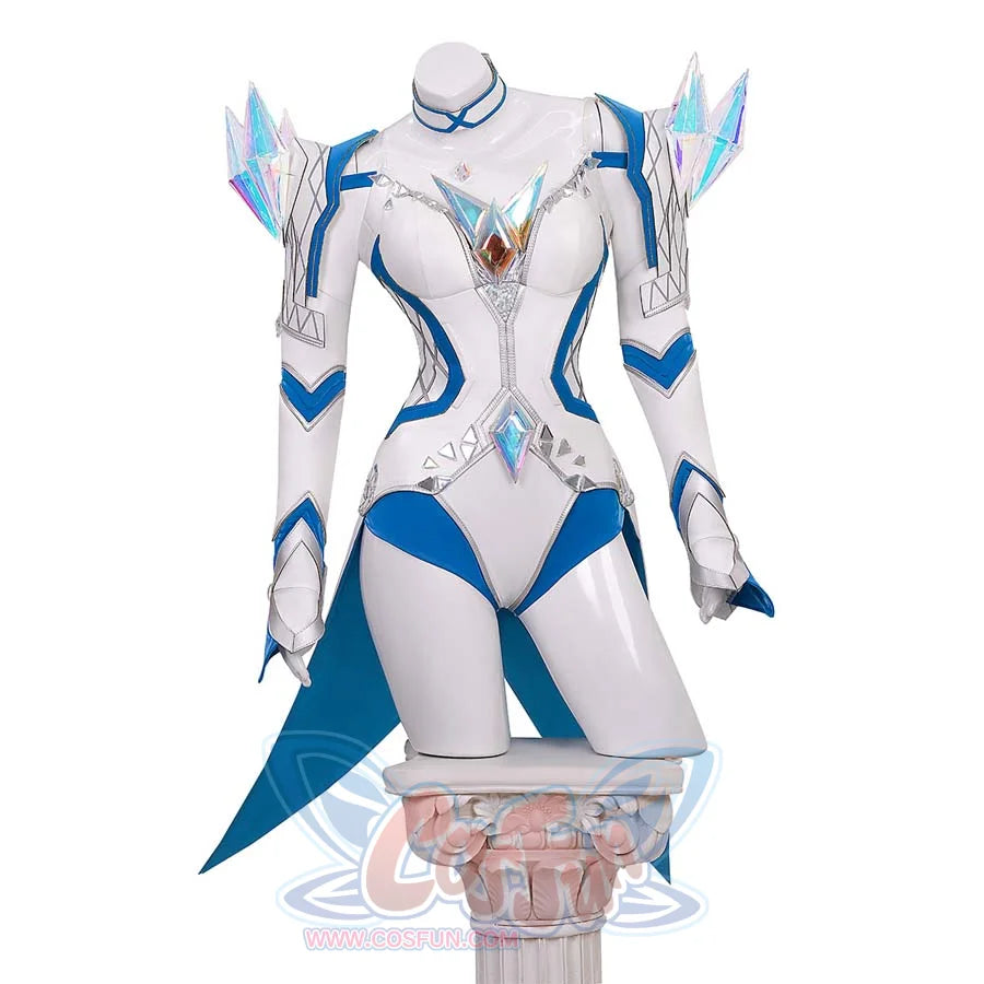 Full-front display of Emma Frost’s White Queen cosplay costume, featuring a form-fitting white bodysuit with blue accents and iridescent crystal armor.