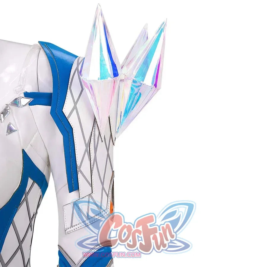 Close-up of the iridescent crystal shoulder accents on Emma Frost’s White Queen cosplay costume, set against white and blue armored fabric.