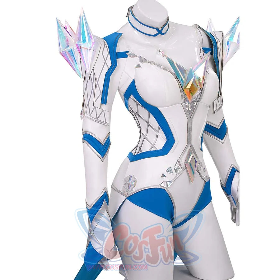Side display of Emma Frost’s White Queen cosplay, showcasing the form-fitting bodysuit, blue accents, and iridescent crystal shoulder armor.