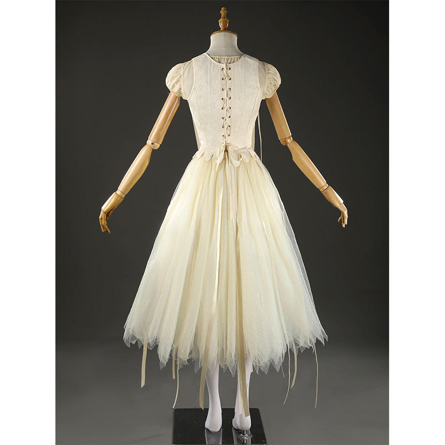 Enid Sinclair cosplay costume rear view with detailed corset lacing and puff sleeves