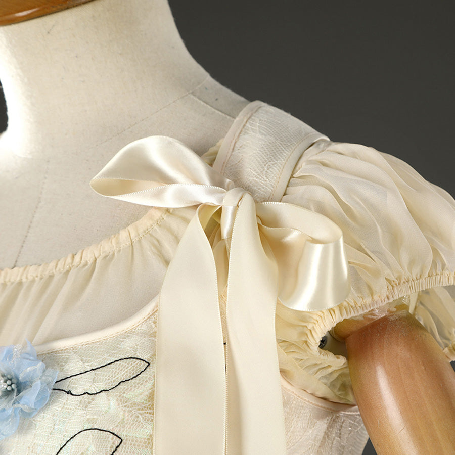 Enid Sinclair cosplay costume sleeve detail with gathered fabric and satin ribbon ties