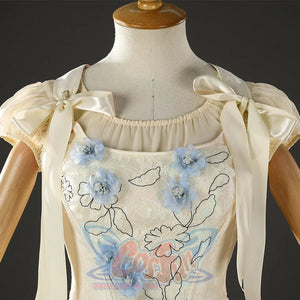 Enid Sinclair cosplay costume bodice close-up with blue floral embroidery and ribbon bows