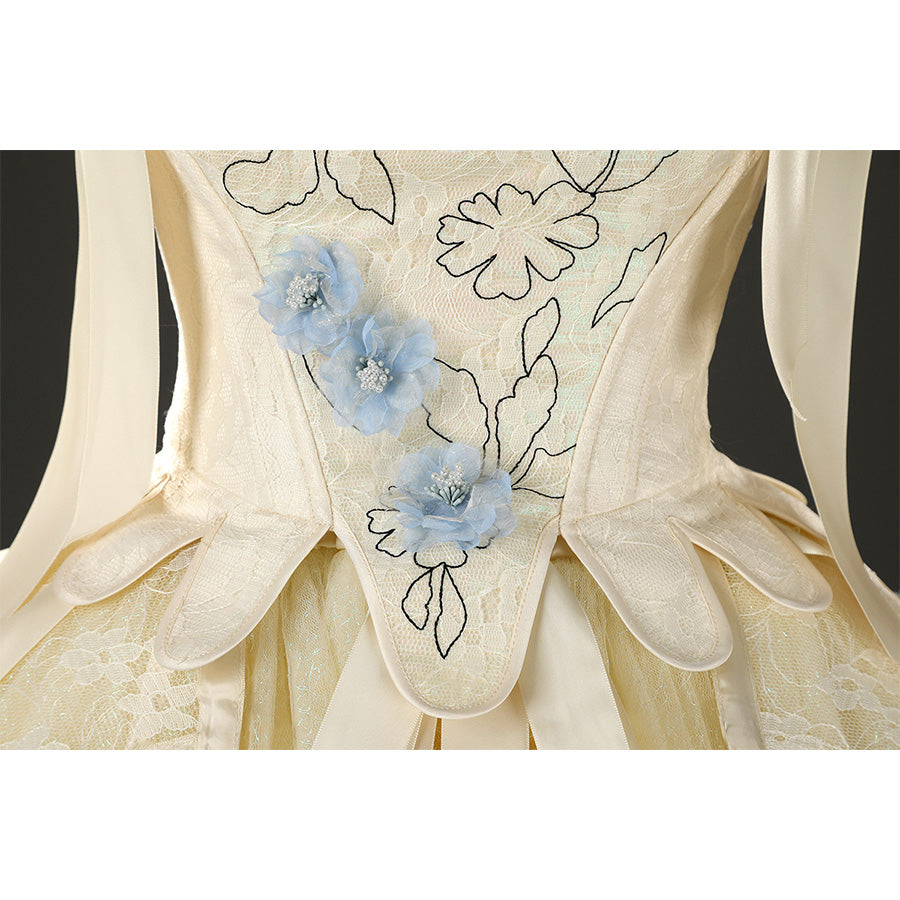 Enid Sinclair cosplay costume bodice embroidery detail with blue flowers and vine pattern