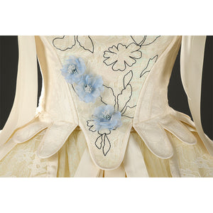 Enid Sinclair cosplay costume bodice embroidery detail with blue flowers and vine pattern