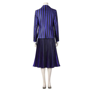 Back view of the Nevermore Academy cosplay suit, featuring the blazer’s striped pattern and pleated skirt design, against a plain white background.