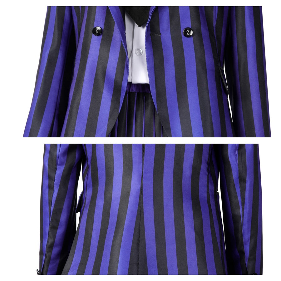 Close - up of the Nevermore Academy cosplay blazer’s buttons and inner fit, highlighting design details and structure, against a plain white background.