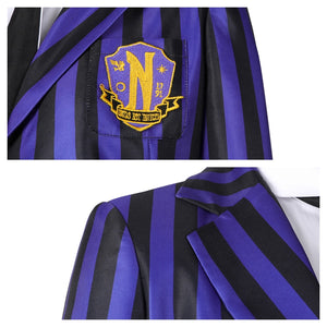 Dual close - up of the Nevermore Academy cosplay blazer’s emblem and lapel, showcasing the purple - gold design and striped fabric, against a plain white background.
