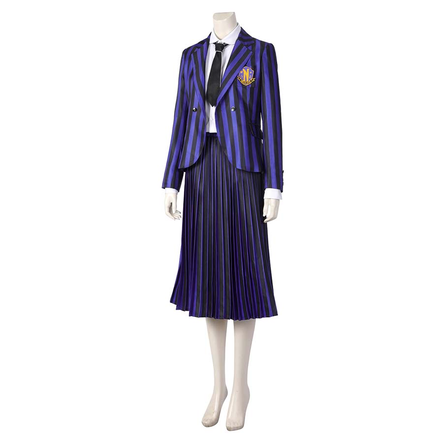 Mannequin showcases the complete Nevermore Academy cosplay costume, featuring a purple - black striped blazer, white shirt, black tie, and pleated skirt, against a plain white background.