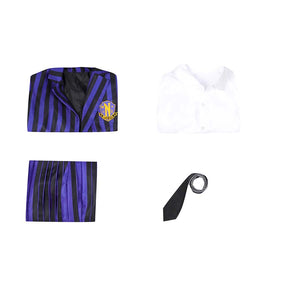 Display of the Nevermore Academy cosplay costume components: striped blazer, white shirt, pleated skirt, and black tie, laid out against a plain white background.