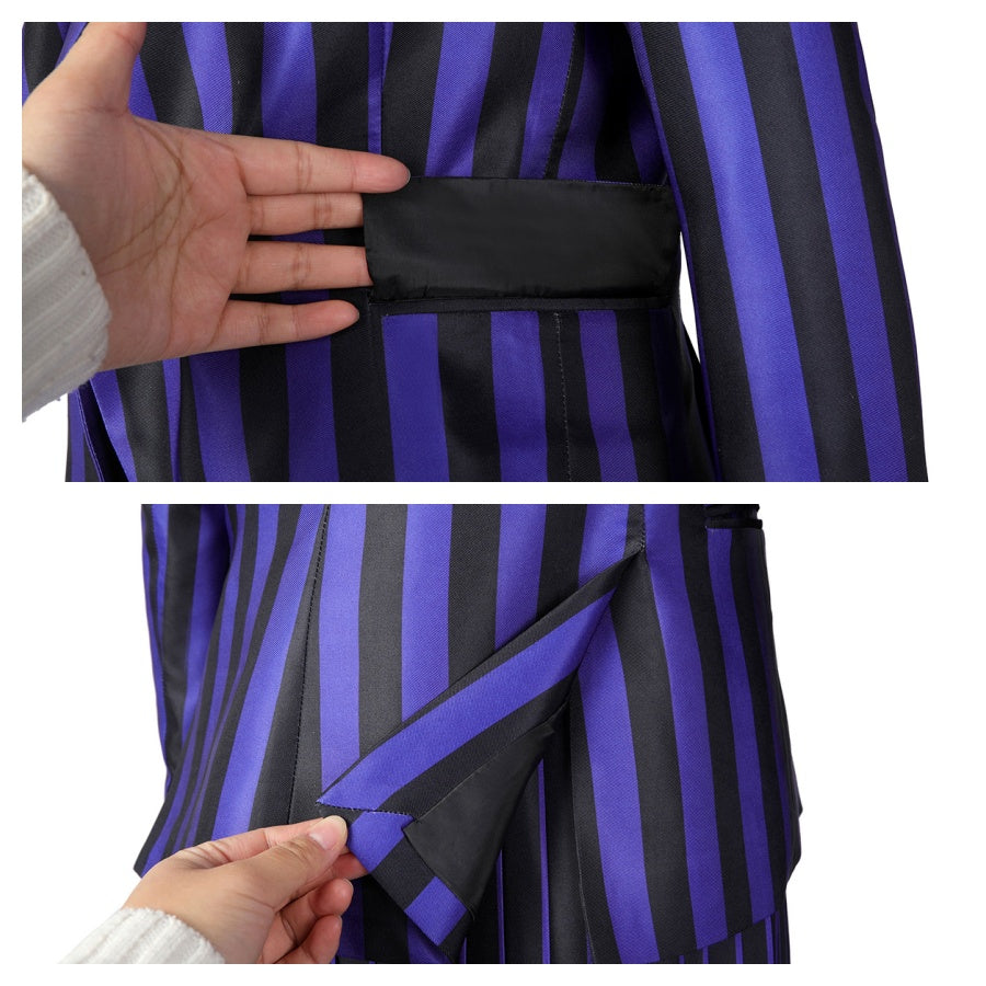 Close - up of a hand demonstrating the Nevermore Academy cosplay blazer’s interior and pocket, highlighting functionality and lining, against a plain white background.