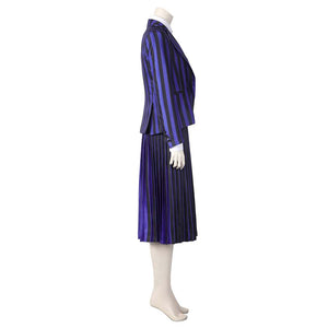 Side perspective of the Nevermore Academy cosplay suit, showcasing the blazer’s length, skirt silhouette, and overall fit, with a plain white background.