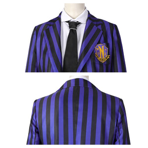 Dual close - up of the Nevermore Academy cosplay blazer: front view showing the emblem, shirt, and tie, and back view of the striped pattern, against a plain white background.