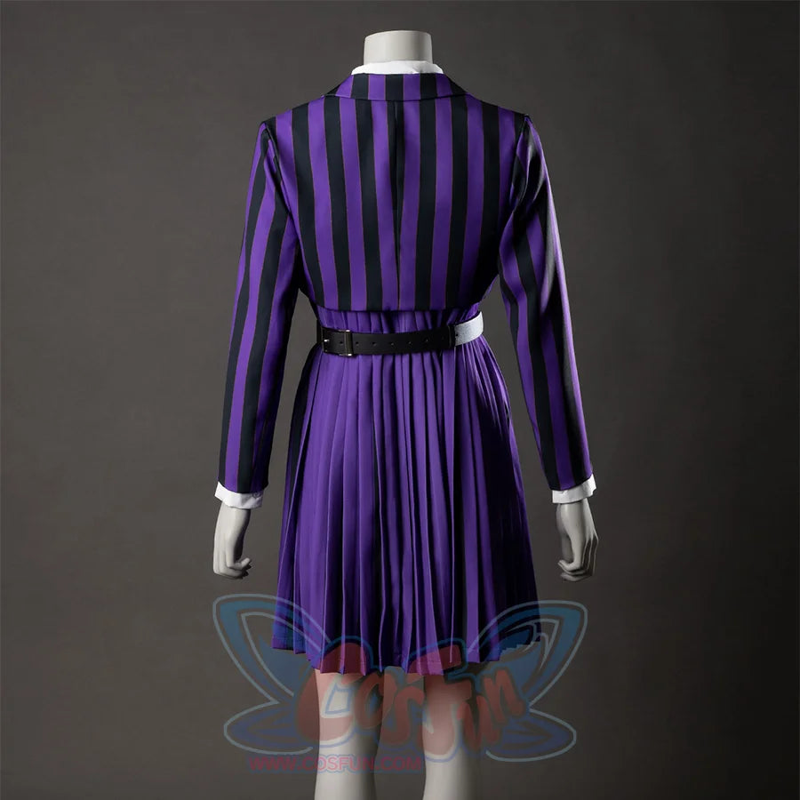 TV Enid Sinclair School Uniform Cosplay Costume purple and black outfit, back view, highlighting short suit and pleated skirt of the same color.
