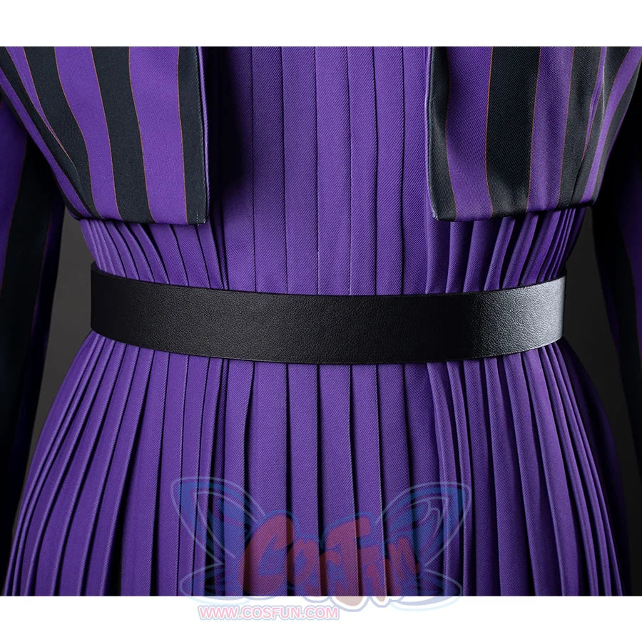 TV Enid Sinclair School Uniform Cosplay Costume purple and black outfit, close up of waist showing simple black PU leather belt.