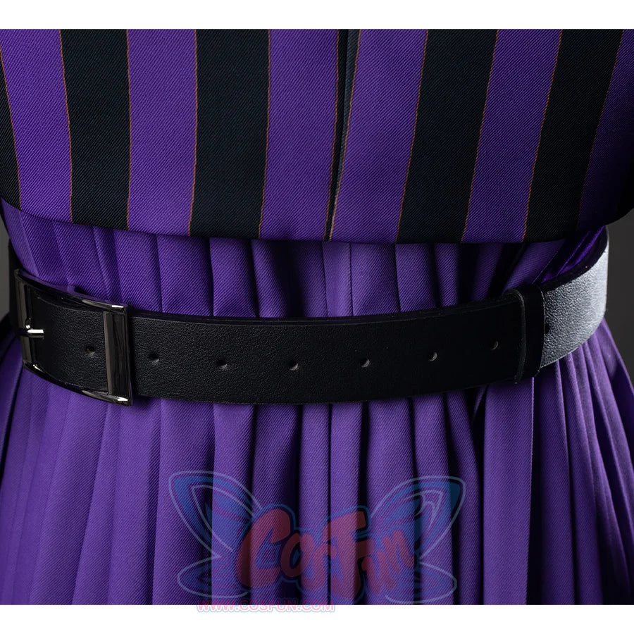 TV Enid Sinclair School Uniform Cosplay Costume purple and black outfit, close up of belt back showing silver metal buckle and eyelets.