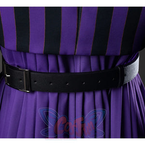 TV Enid Sinclair School Uniform Cosplay Costume purple and black outfit, close up of belt back showing silver metal buckle and eyelets.