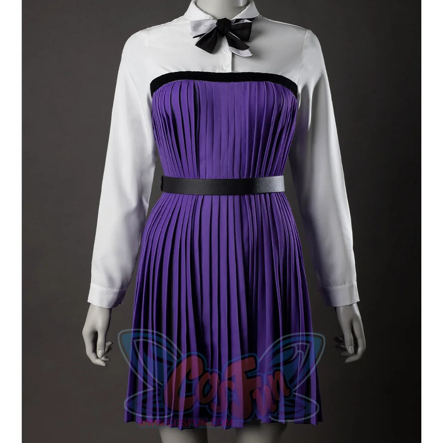 TV Enid Sinclair Cosplay Costume, white and purple dress front view, showing shirt and pleated skirt design.