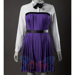 TV Enid Sinclair Cosplay Costume, white and purple dress front view, showing shirt and pleated skirt design.
