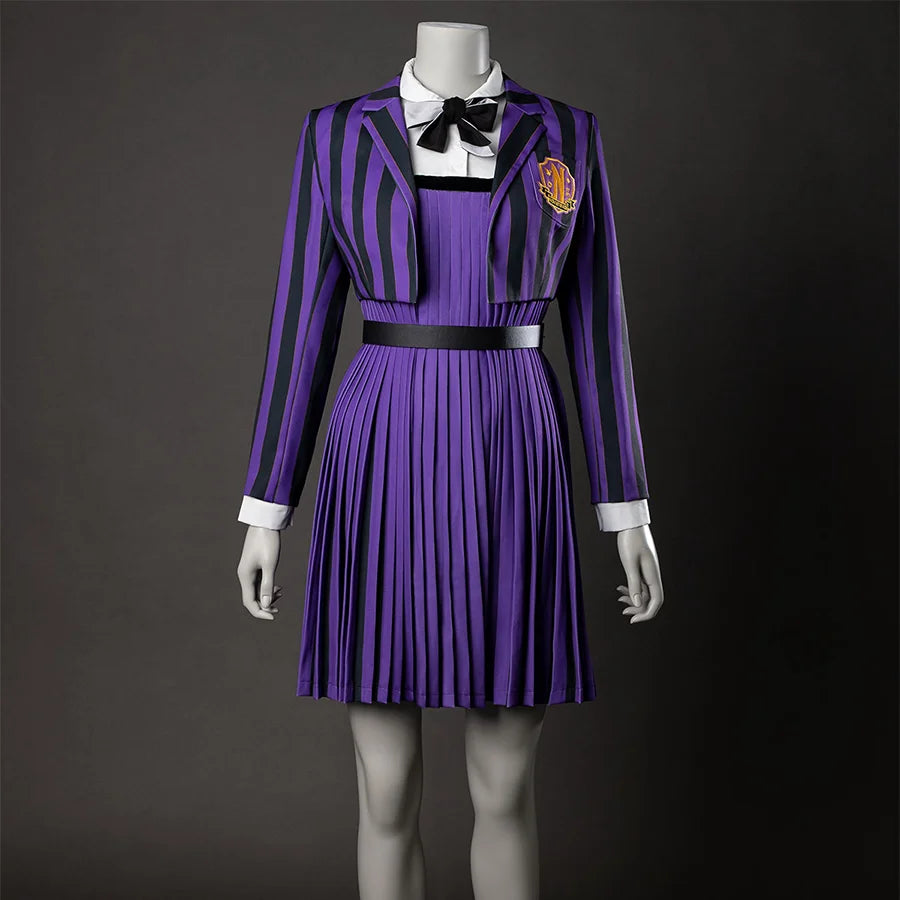 TV Enid Sinclair School Uniform Cosplay Costume purple and black outfit, front view about the debriefing stripes add a strong contrast.