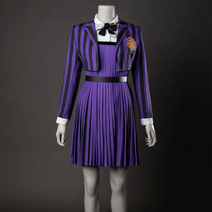 TV Enid Sinclair School Uniform Cosplay Costume purple and black outfit, front view about the debriefing stripes add a strong contrast.