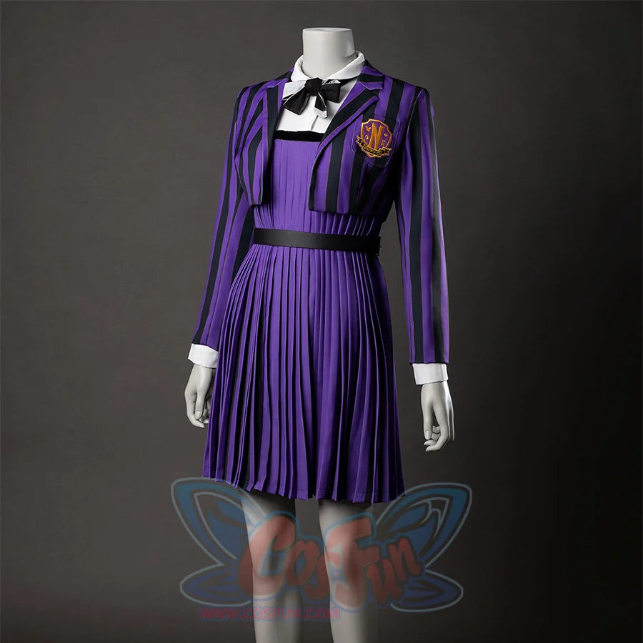 TV Enid Sinclair School Uniform Cosplay Costume purple and black outfit, right side view, showing short suit and skirt of the same color.