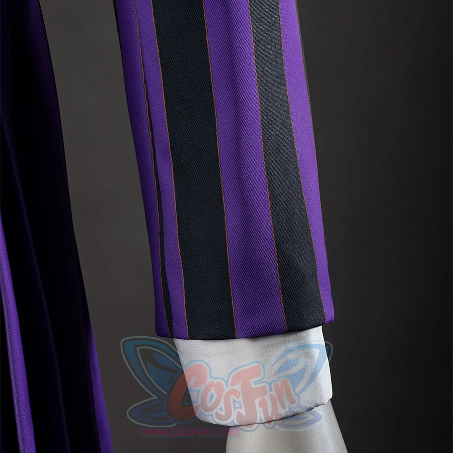 TV Enid Sinclair School Uniform Cosplay Costume purple and black outfit, close up of the debriefing stripes sleeves and white cuffs.