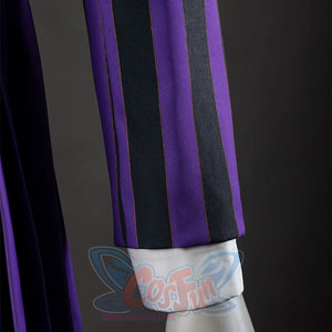 TV Enid Sinclair School Uniform Cosplay Costume purple and black outfit, close up of the debriefing stripes sleeves and white cuffs.