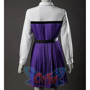 TV Enid Sinclair Cosplay Costume, white and purple dress back view, highlighting shirt and pleated skirt design.