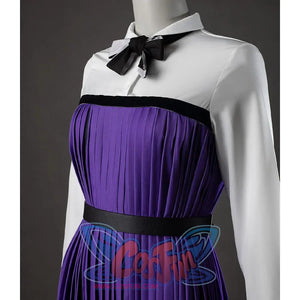 TV Enid Sinclair Cosplay Costume, white and purple dress side view, showing shirt and pleated skirt design.