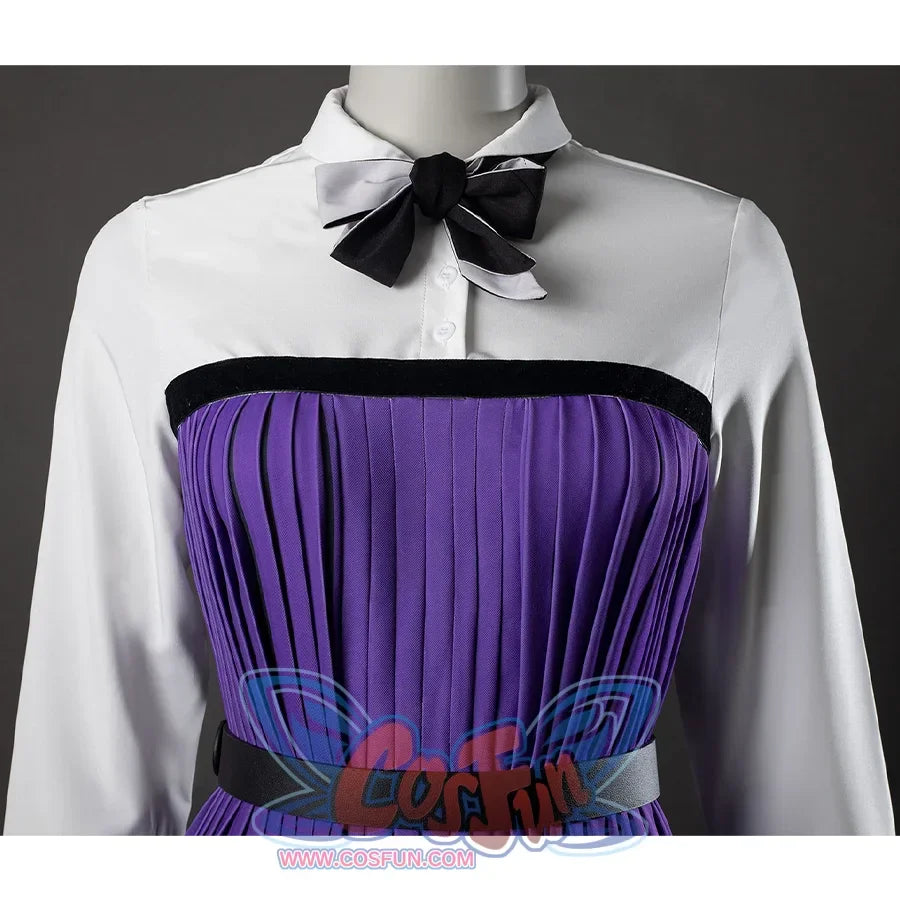 TV Enid Sinclair Cosplay Costume, white and purple dress upper body view, showing white shirt and a bow tie.