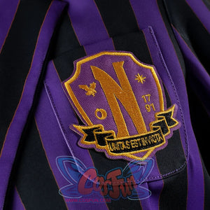 TV Enid Sinclair School Uniform Cosplay Costume purple and black outfit, close up of chest pocket shoeing school badge with purple background and gold pattern. 