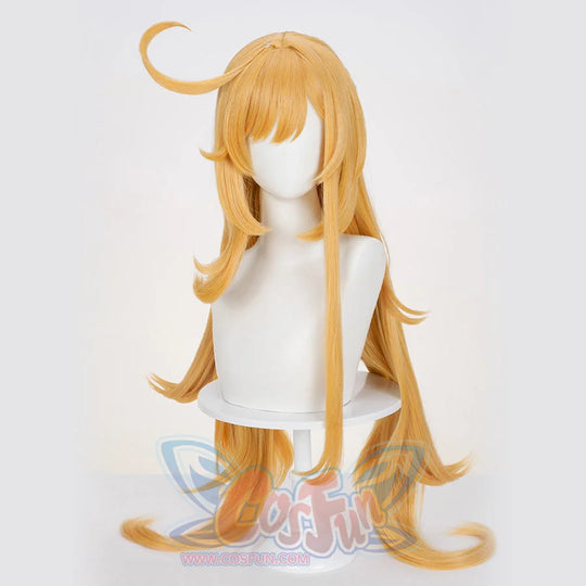 Genshin Impact Escoffier cosplay wig anchors a styled ahoge above long golden-yellow side bangs.