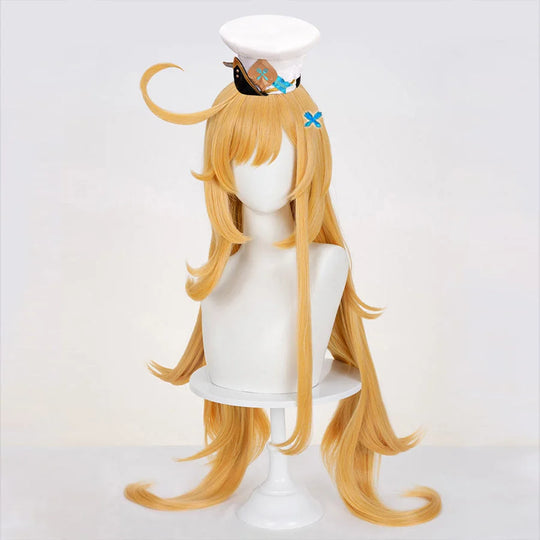 COSFUN Genshin Impact Escoffier cosplay wig pairs a blue X hair pin and white accent hat.