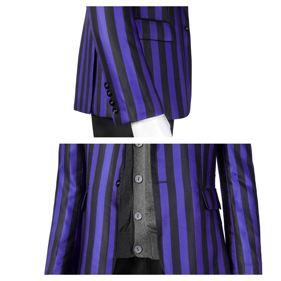 Dual close - up view of the Eugene Otinger cosplay blazer’s sleeve buttons and inner vest, showcasing design details, against a plain white background.