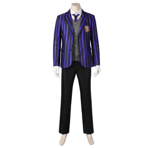 Mannequin showcases the full Eugene Otinger cosplay suit, featuring a purple - and - black striped blazer, gray vest, white shirt, purple accents, and black pants, against a plain white background.