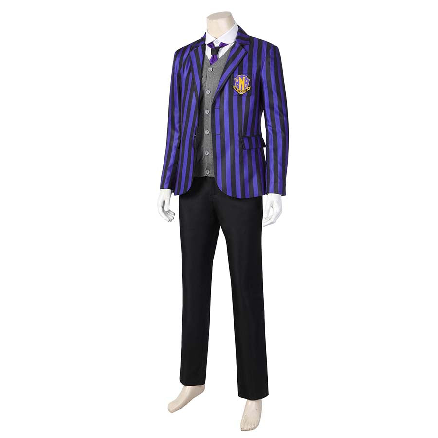 Mannequin showcases the full Eugene Otinger cosplay suit, featuring a purple - and - black striped blazer, gray vest, white shirt, purple accents, and black pants, against a plain white background.