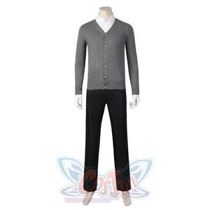Mannequin displays a more casual Eugene Otinger cosplay ensemble, with a gray cardigan, white shirt, and black pants, against a plain white background.