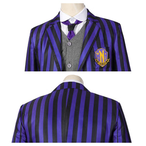 Dual close - up view of the Eugene Otinger cosplay suit’s upper body, showcasing the blazer - vest - shirt - tie combo from front and back, against a plain white background.