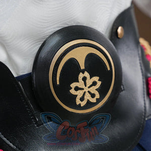 Evanescia cosplay black belt emblem with a gold sakura flower on a round black disk, featuring a gold ring border.