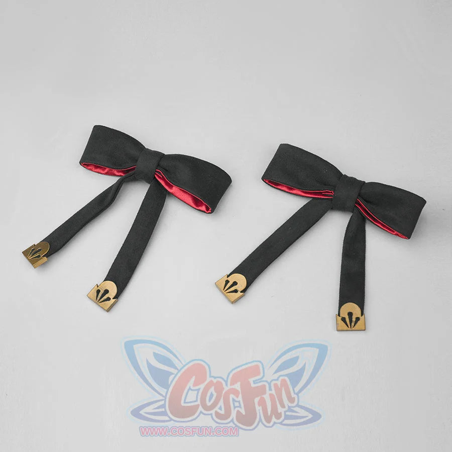 Evanescia cosplay pair of black double-tail bow hair ribbons with red lining and gold fan-shaped ornament tips at the ends.