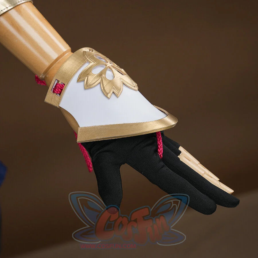 Evanescia cosplay black glove with white and gold sakura gauntlet and gold claw fingertip extensions at the wrist.