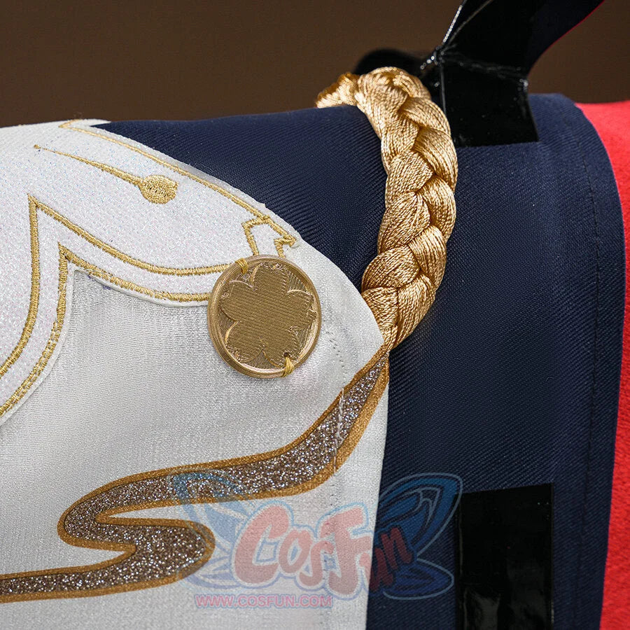 Evanescia cosplay jacket shoulder with gold braided epaulette, gold sakura coin medallion, and gold wave embroidery.