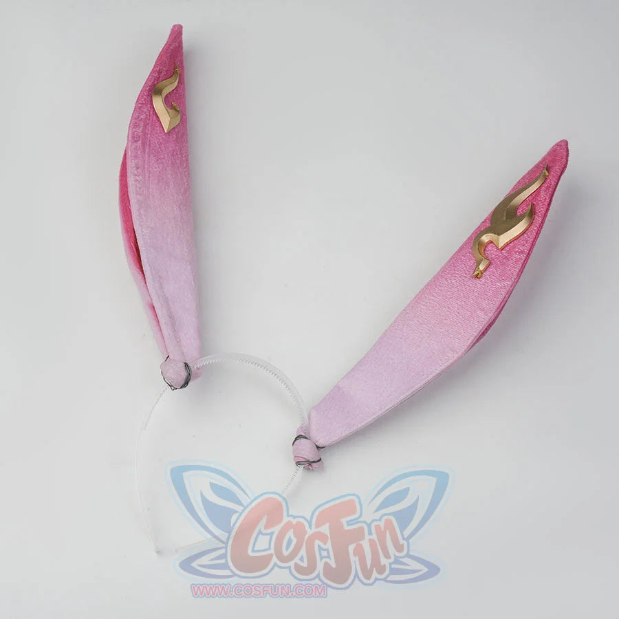 Evanescia cosplay pink rabbit ear hair ribbons with a pink-to-white gradient and gold clips, mounted on a white headband.