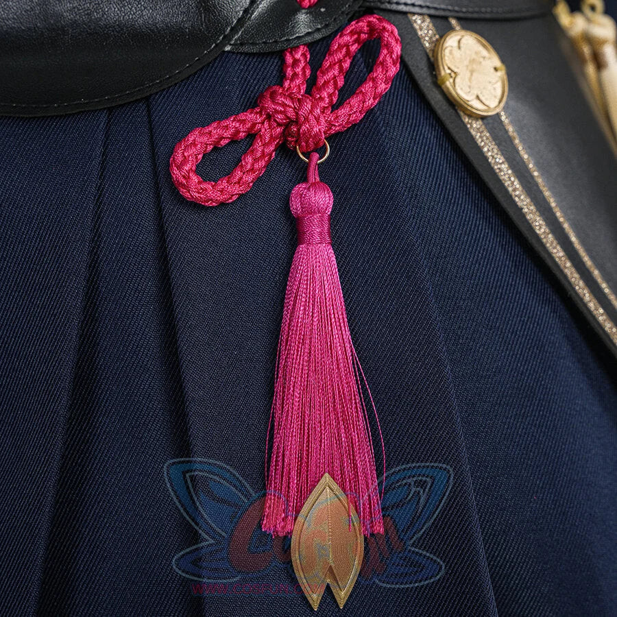 Evanescia cosplay decorative pink tassel with braided cord and gold leaf-shaped charm attached to navy hakama